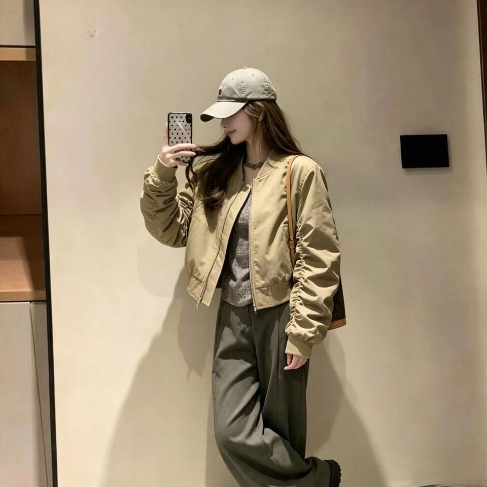 Áo khoác jacket nữ dáng ngắn form rộng vai đứng kiểu bóng chày, dài tay, khóa kéo — Màu kaki, hai lớp, có lót vải, Đen hai lớp có lót chi tiết 5