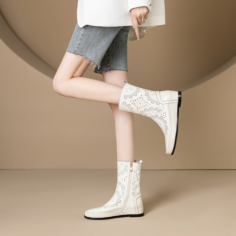 Boot nữ cổ thấp da bò đục lỗ đế xuồng đốt hoa — Màu be [lót một lớp]