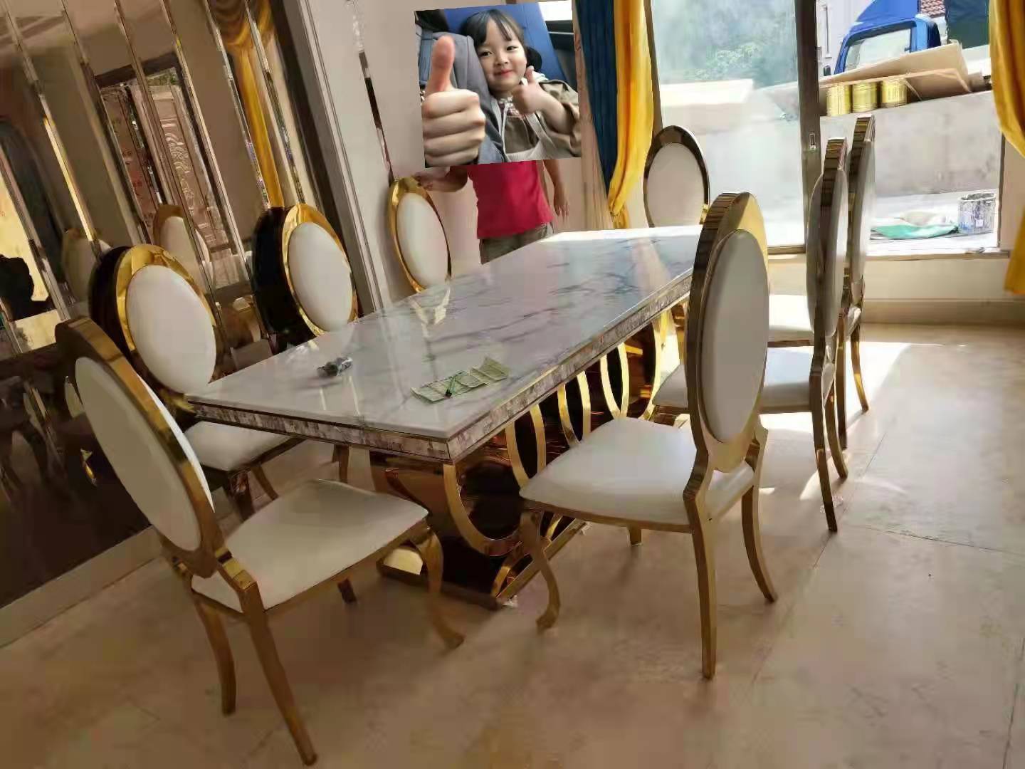 Wholesale Price Marble Countertop Stainless Steel Leg Dining Table Set Home Hotel Restaurant One 8 Chair