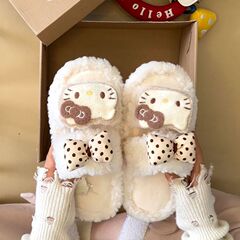 hellokitty蝴蝶结毛毛拖鞋女2025新款外穿厚底增高居家保暖棉拖鞋