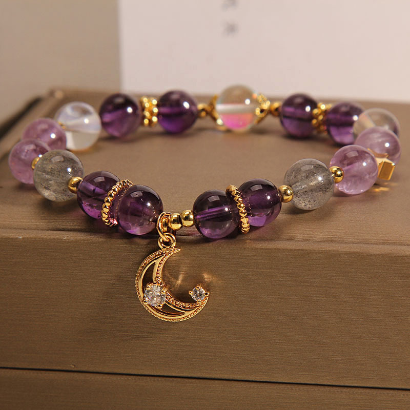 Pulsera de amatista natural hembra ins nicho Luz de lujo retro gris luz de la luna estrella Luna pulsera regalo para novias estudiantiles