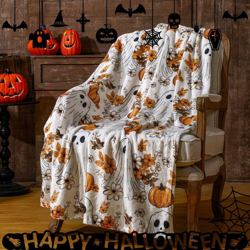 ハロウィーンかわいいボヘミアン風幽霊フランネル毛布秋カボチャ毛布ソファーベッドパーティー装飾|undefined