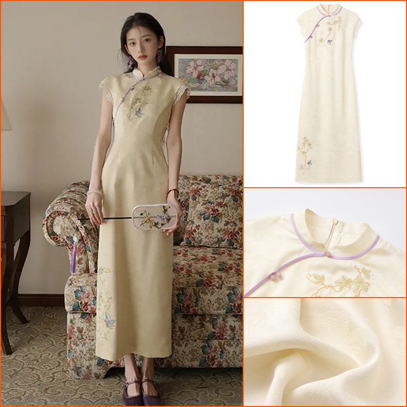 New Chinese-Style High-End Improved Embroidered Qipao Dress, Summer National Style Stand Collar Flutter Sleeve Dress for Women Zx Model N5036