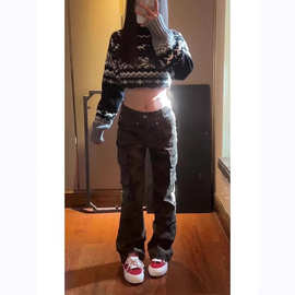 设计感美式迷彩工装牛仔裤女春季2026新款高腰微喇叭修身长裤