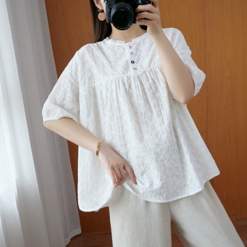 2026 New Summer Round Neck Lace-Trimmed Colorful Button Embroidered Shirt Doll Shirt Top