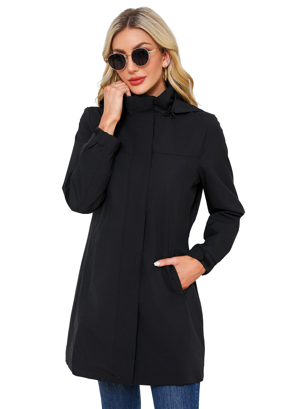 Women's Clothing new spring and autumn detachable hood water repellent windbreaker women's solid color long sleeved thin jacket_voghion.com
