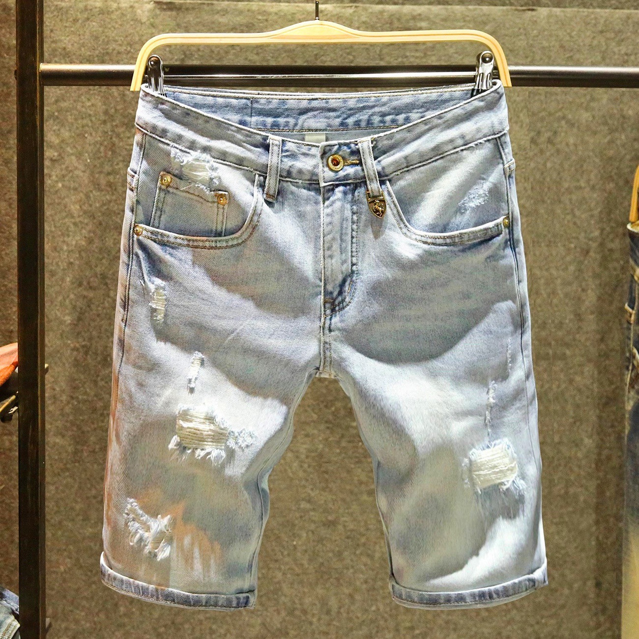Men's Clothing Men's Light Blue Ripped Denim Shorts Summer Fashion Trend Handsome Casual Hole Pants For Formal & Casual_mkmklike.com