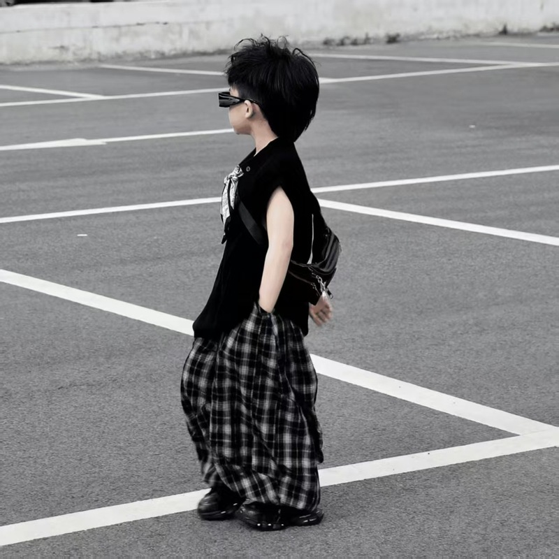 男の子の夏のノースリーブスーツ 2025 夏の新しい子供の薄いトップスチェック柄パンツ西洋スタイルの小さな男の子の服|undefined