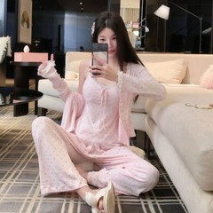 带胸垫睡衣女士秋季长袖睡衣三件套蕾丝花边韩式吊带家居服睡衣