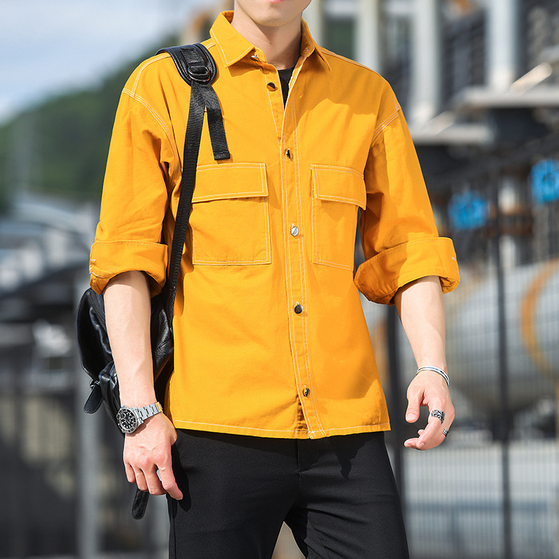 純綿多袋日系工装長袖シャツファッション純色紳士服シャツゆったり大サイズ落肩青年シャツ