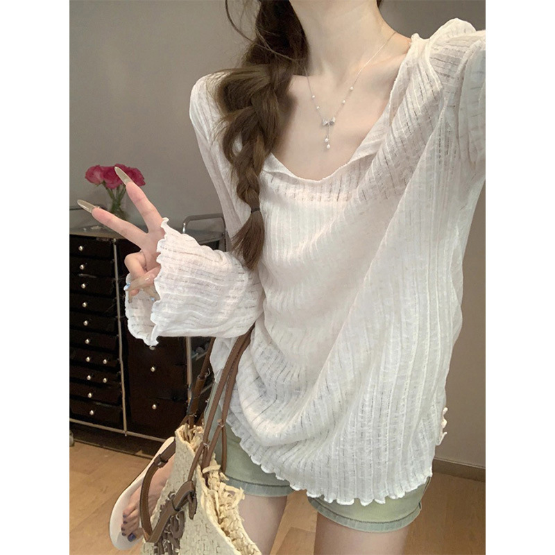 Korean Style Sweet Long-sleeved T-shirt Women's Spring and Summer Thin Micro-transparent Lazy Sunscreen Blouse Top Ins