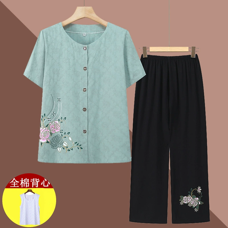 Летний костюм бабушки с короткими рукавами, тонкая хлопчатобумажная и льняная одежда для женщин среднего и пожилого возраста для пожилых людей, костюм-двойка для мамы.