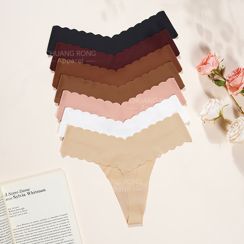 Large Size Wavy Edge Women's Underwear V-Shaped Low-Waist One-Piece Seamless Sexy Pure Cotton Crotch Breathable Fitness Thong for Women