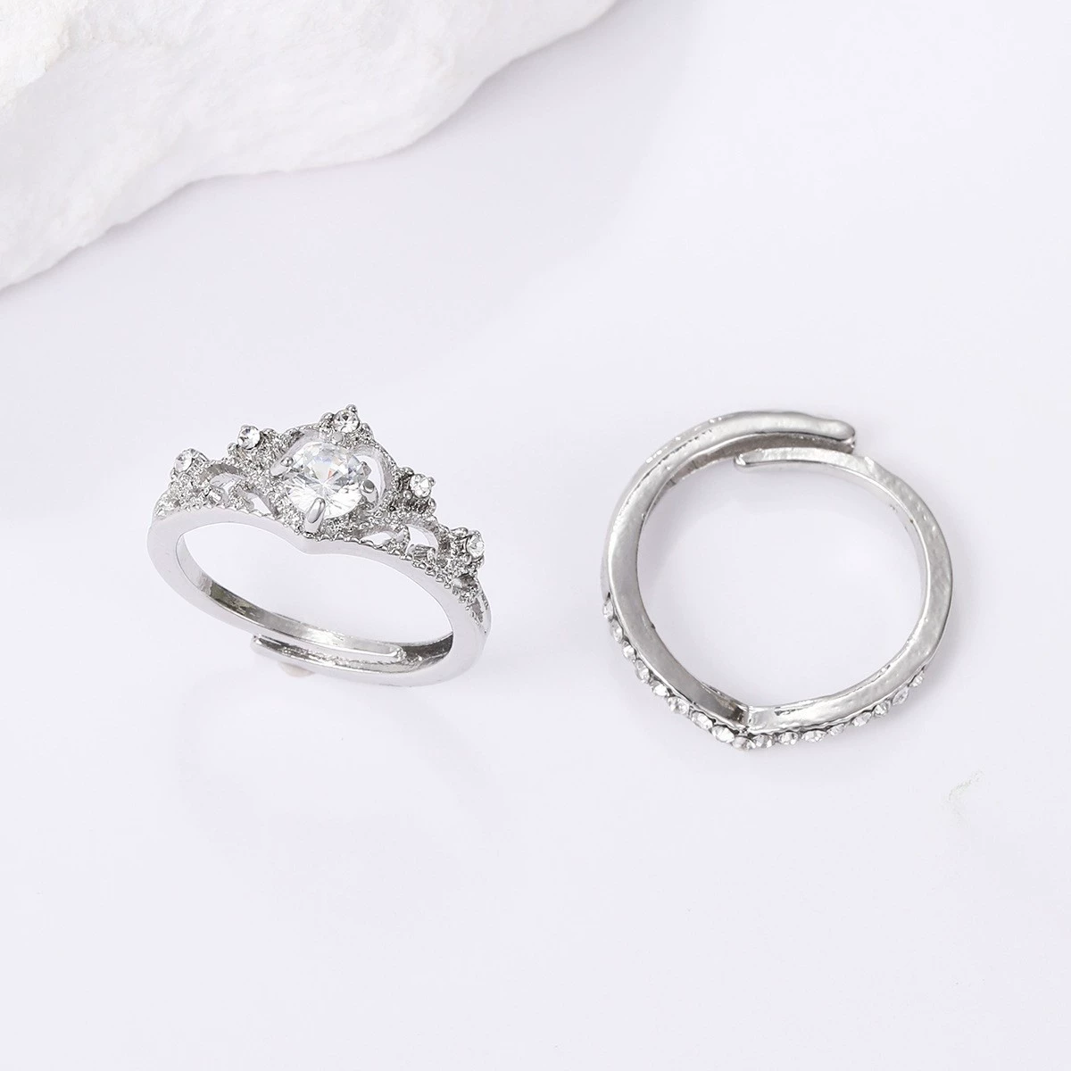Princess Wedding Ring Set, 2-Piece Adjustable Open Band, Simple Elegant Design, One Size