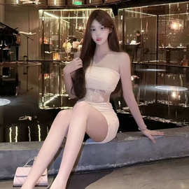 辣妹风纯色蕾丝拼接露肩抹胸夏季连衣裙女褶皱包臀超短裙外贸批发