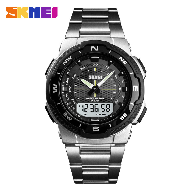 Skmei correa de acero transfronteriza estudiante doble pantalla reloj electrónico skmei moda al aire libre multifuncional reloj deportivo para hombre