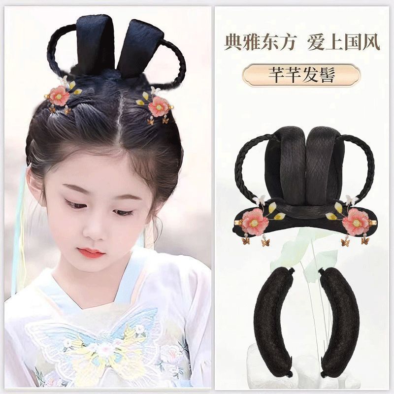 子供用古代衣装ヘアピース、かわいい女の子用漢服風ヘアピースセット、シンプルで多用途な古代風おだんごヘアバッグ|undefined
