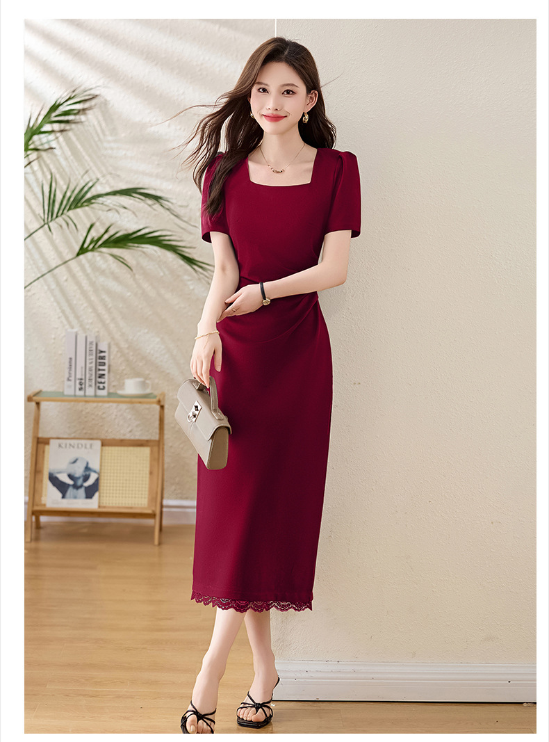 Đầm maxi cổ vuông tay phồng xẻ tà ôm dáng mùa hè 2025 — Màu đen, Màu đỏ chi tiết 19