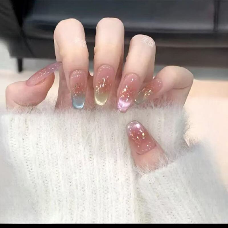 Pure hand-worn nail vitality rainbow dopamine dynamic cat's eye flash pure blush removable nail patch