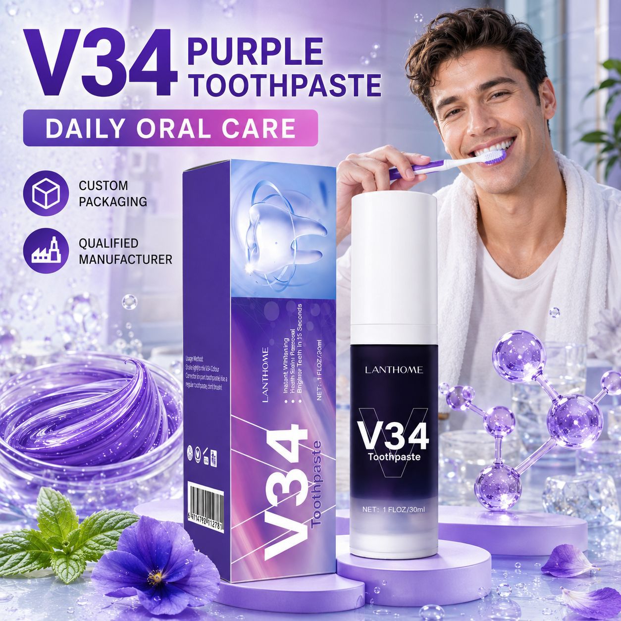 Cross-border bestseller V34 purple toothpaste contains niacinamide, sodium phytate, and xylitol to reduce tooth stains, with a gentle formula and customizable options