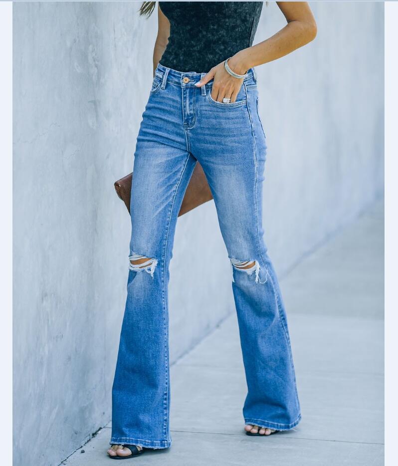 Broken Ripped Washed Thin Denim Flared Bottoms NSYF77519