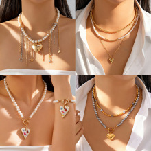 欧美跨境热销项链女夸张个性潮流爱心日月仿珍珠叠戴式锁骨链饰品