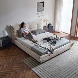 侘寂风布艺床主卧现代简约1.8米磨砂布软床网红设计师款毛毛虫床