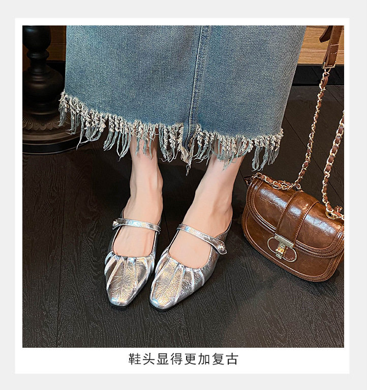 Giày mules Mary Jane nữ mũi vuông quai ngang bít mũi, gót thấp dưới 3 cm — Màu bạc, Màu đen chi tiết 13
