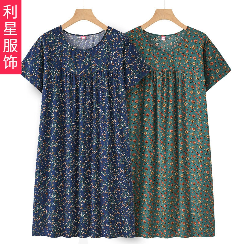 Женская хлопковая шелковая ночная рубашка с короткими рукавами для женщин среднего и пожилого возраста, новая летняя тонкая Свободная Домашняя одежда для мам, летнее платье
