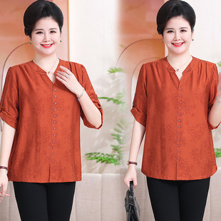 Middle-Aged and Elderly Women's Summer Short-Sleeve Cotton and Linen T-Shirt Plus Size Top 100kg Grandma Loose Base Shirt