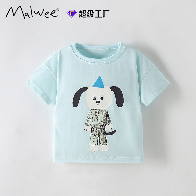 Malwee camiseta infantil de verano nuevo estilo europeo y americano de niños de media edad cuello redondo casual de manga corta impresión de aire extranjero chaqueta infantil
