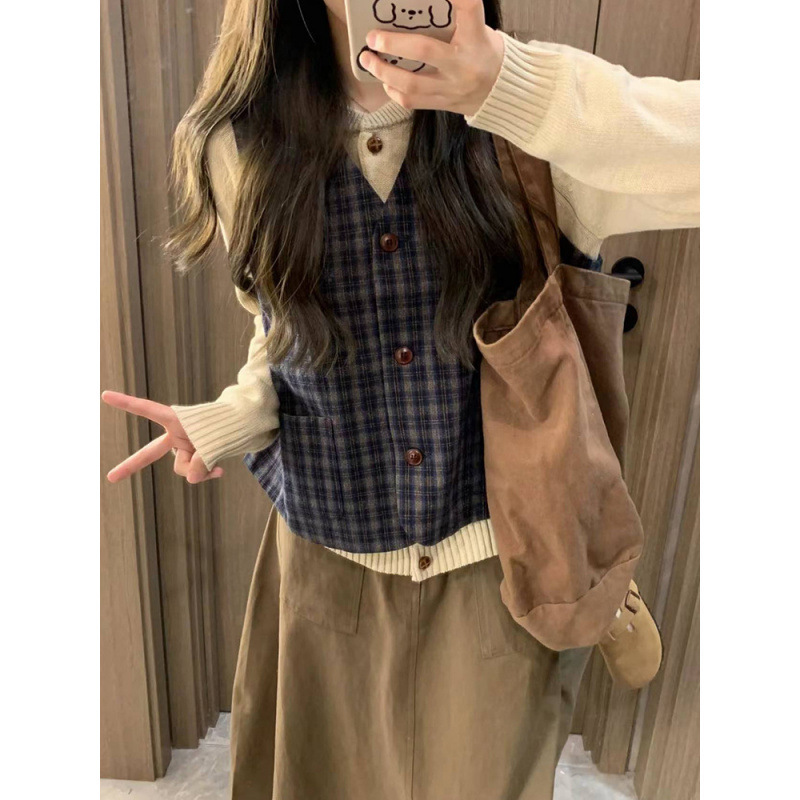 日系文艺复古格子马甲女学生+杏色开衫毛衣+半身裙三件套拼接设计|undefined