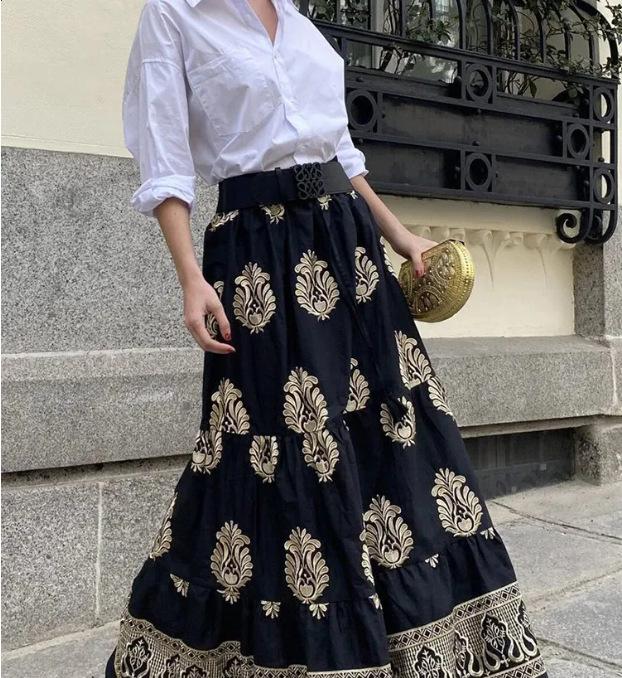 Bohemian Style Women's Spring And Summer High-waisted Printed A-line Skirt, Casual Beach Vacation Floral Long Skirt_ecoleips.com