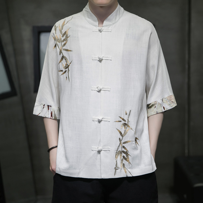 Chinese Style Men's Linen Buckle Half Sleeve Shirt 2023 Summer New Vintage Bamboo Leaf Embroidery Stitching Shirt