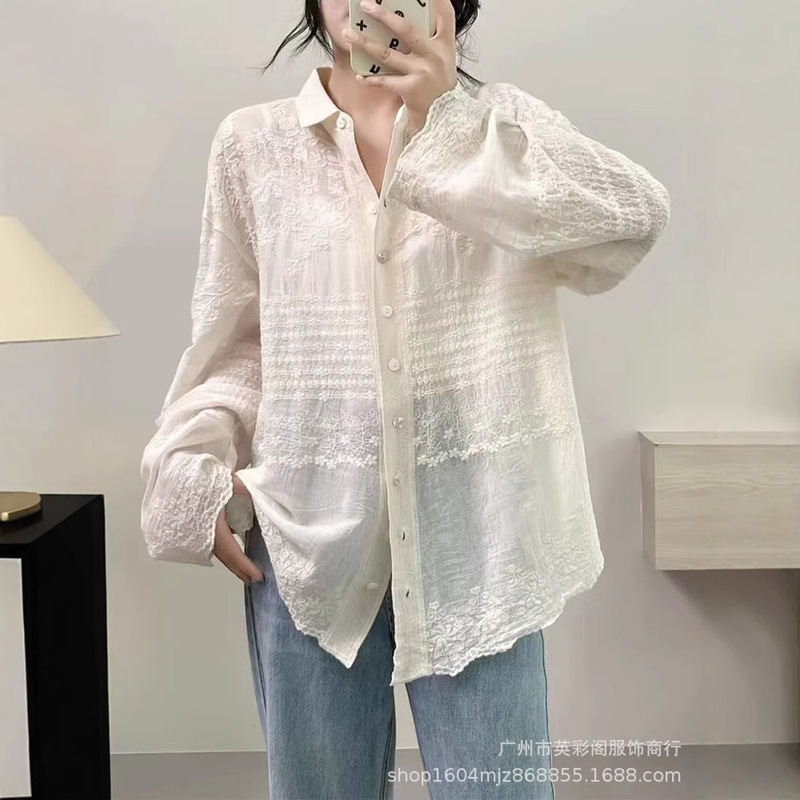 Autumn New Style Literary Fresh Loose Cotton Lace Embroidered Single-Breasted Shirt Women's Casual Design Top