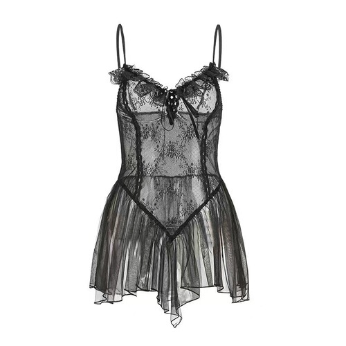 Sexy lingerie lace nightgown, crotchless design for easy removal—flirty, sheer sleepwear; maid-inspired, passion-inducing gauzy skirt.