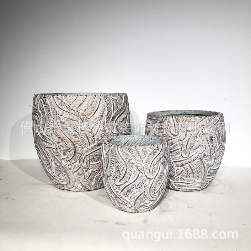 Silver White Tone Feather Texture Concrete Egg-Shaped Grc Flower Pot Walking Street Project House Garden Mobile Potted Plant