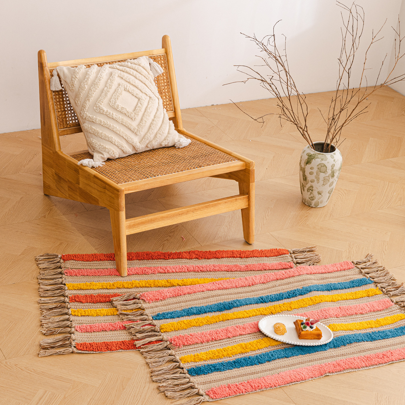 Scandinavian Style Rainbow Strip Hand-Tufted Cotton Floor Mat Bathroom Absorbent Foot Mat Bedroom Bedside Blanket Kidsren's Room Carpet