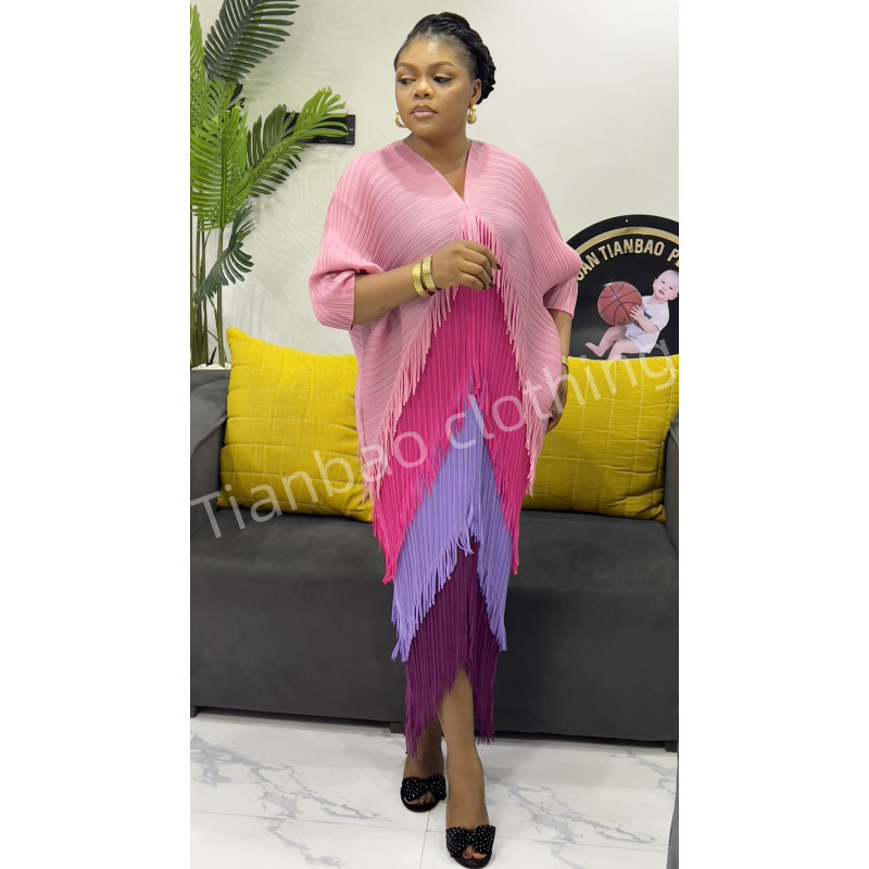 Tianbao Sanzhai pleated women's clothing 2023 new color matching tassel V-neck batwing sleeve temperament plus size women's dress