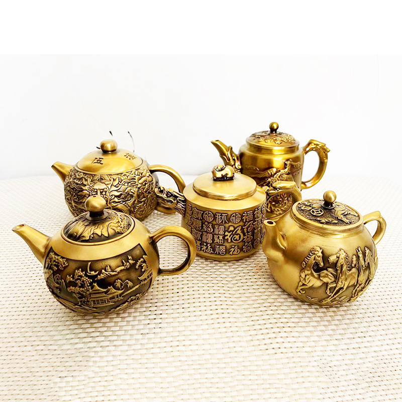 黄铜浮雕茶壶风手提壶龙凤五龙百福龙头茶壶家用山水茶壶装饰品