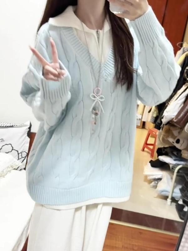 蓝色假两件翻领麻花毛衣女秋冬宽松慵懒风加厚时尚外穿针织衫上衣|undefined