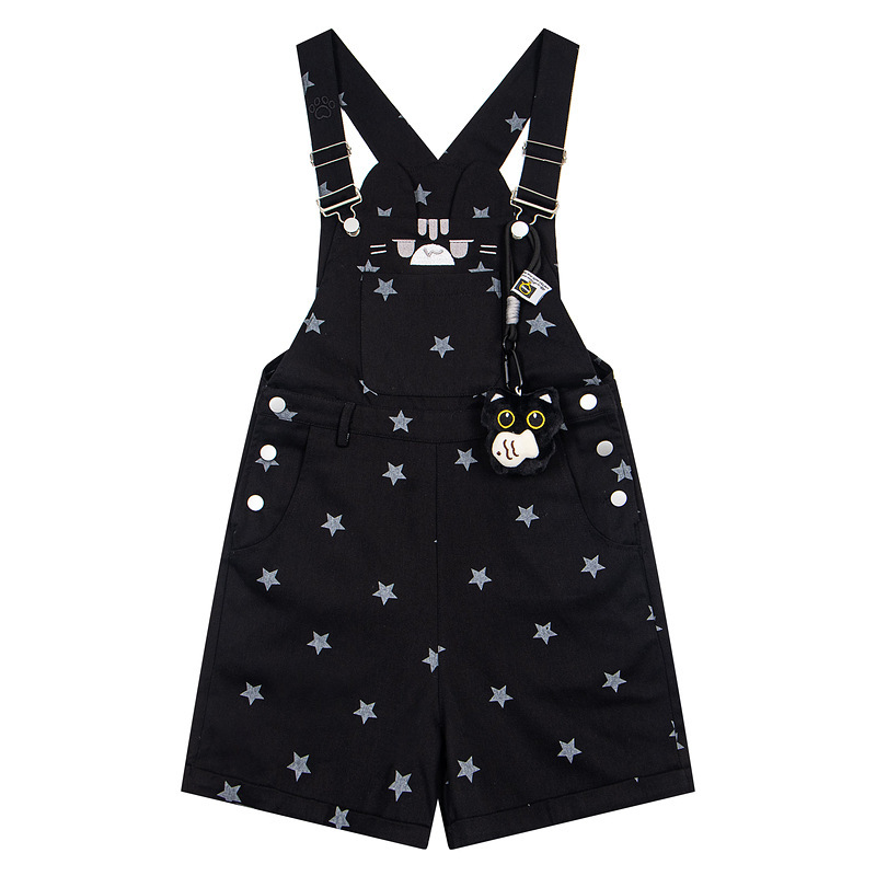 Sweet and Cute Kitten Star Print Denim Overalls for Women, Summer Loose Fit, Age-Reducing, Adorable Petite Wide-Leg Shorts