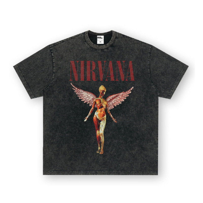 NIRVANA ロックアメリカン 3D デジタルプリントレトロ半袖 T シャツクロスボーダープリントアメリカンファッションヴィンテージ模造綿|undefined