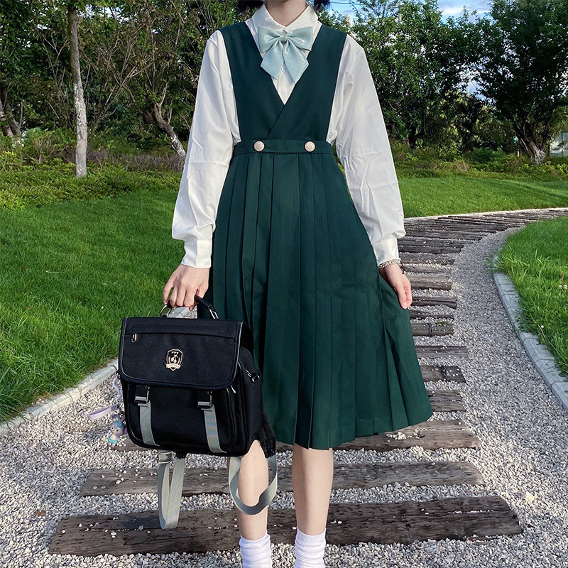 Original Dark Green Nursing Skirt Spring and Autumn Jk Uniform Set Japanese Style Dress School Style Class Uniform Mid-Length Pleated Skirt