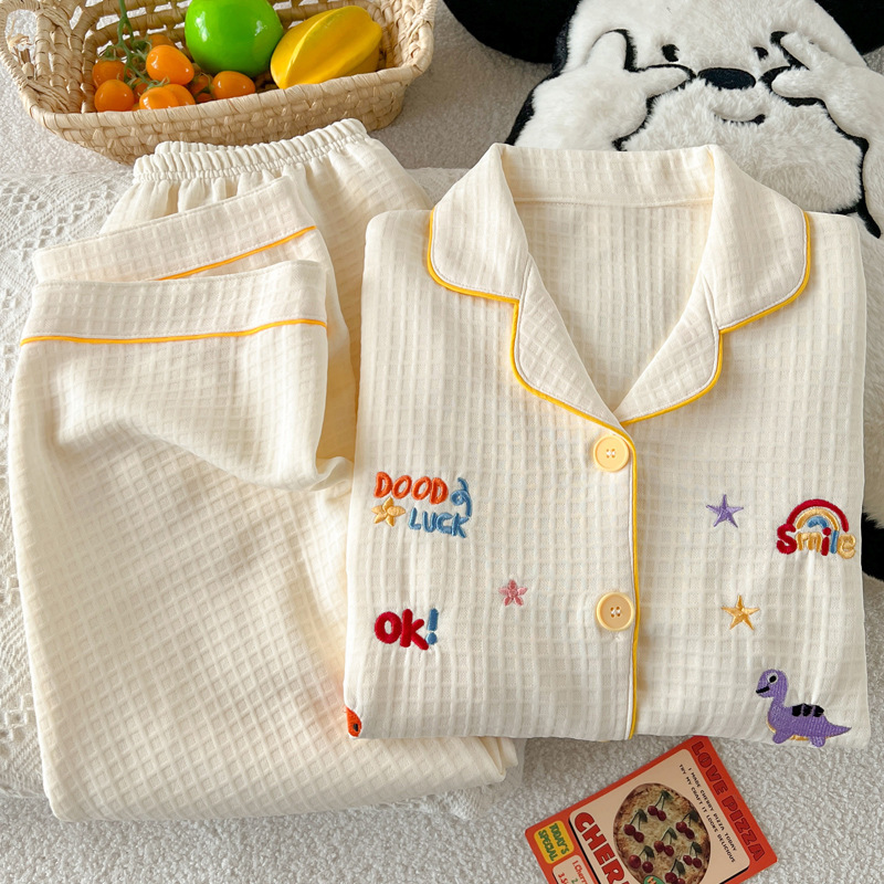 Korean Style Simple Waffle Grid Cartoon Cute Air Cotton Autumn and Winter Pajamas Women's Long-Sleeved Pants Home Wear Set