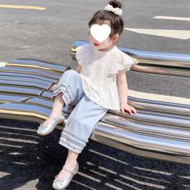 女童套装2026夏款新款儿童韩版甜美小飞袖圆领上衣女孩花边阔腿裤