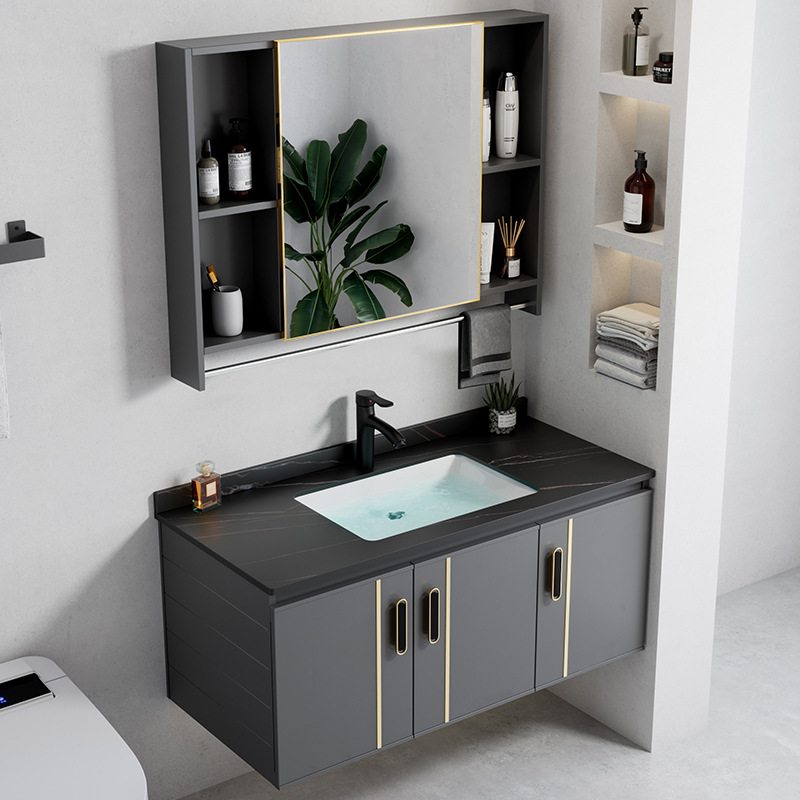 Moderno simple espacio de aleación de aluminio gabinete de baño combinación Placa de roca lavabo baño lavabo integrado mesa de lavado