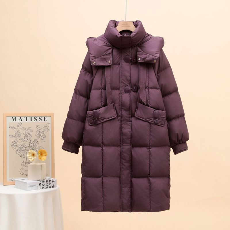 中丈の白いグースダウンジャケット レディース 2025年新作 韓国風 厚手 リボン付き フード付き ゆったり 膝丈 冬用コート