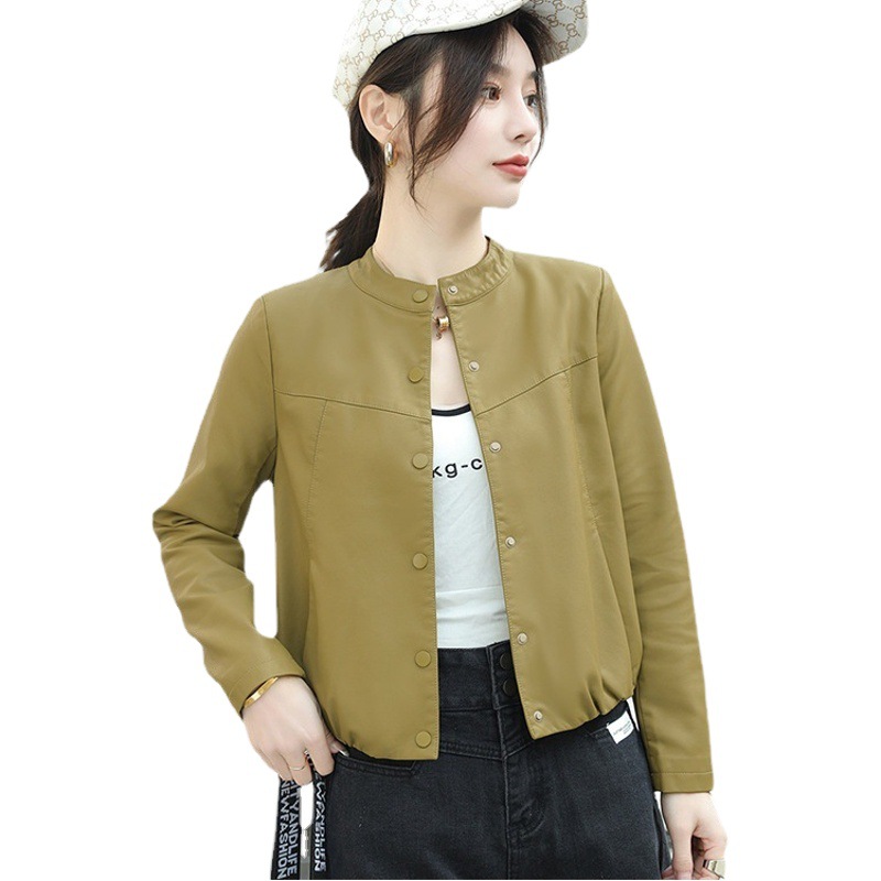 Korean Style Leather Jacket for Women, Versatile for Petite Figures, Casual Washed Leather Jacket with Short Button Collar