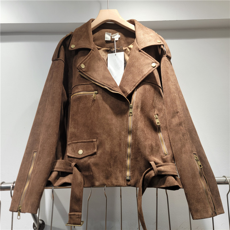 Chaqueta de Gamuza con Cremallera para Mujer, Piel de Imitación, Cuello de Traje, Suelto, Manga Larga